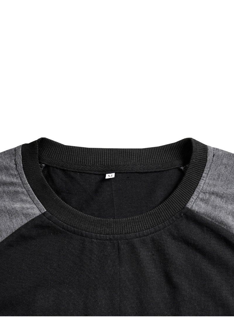Men's Oversized Graphic T-Shirt Contrast Raglan Sleeve Casual Drop Shoulder Crew Neck Top Black/Grey - Image 3